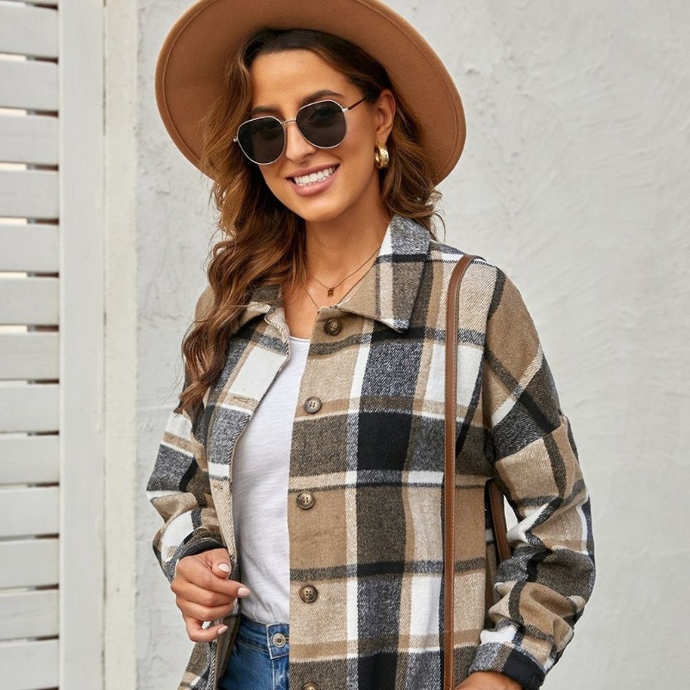 Plaid Shacket Button Front Shirt Jacket Flannel Vintage 70s Inspired